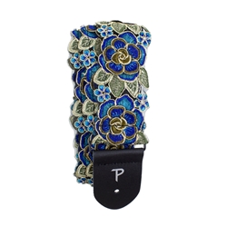 Blue & Gold Lace Ribbon 3D Floral Guitar Strap